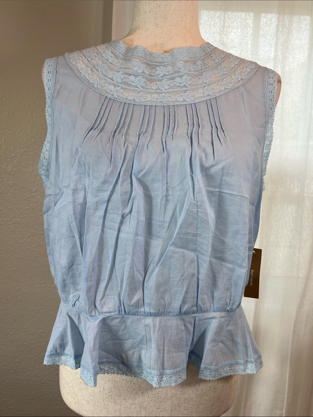 Sorella Tessie Cotton Light Blue Lace Yoke Peplum Camisole. Size L. NWT